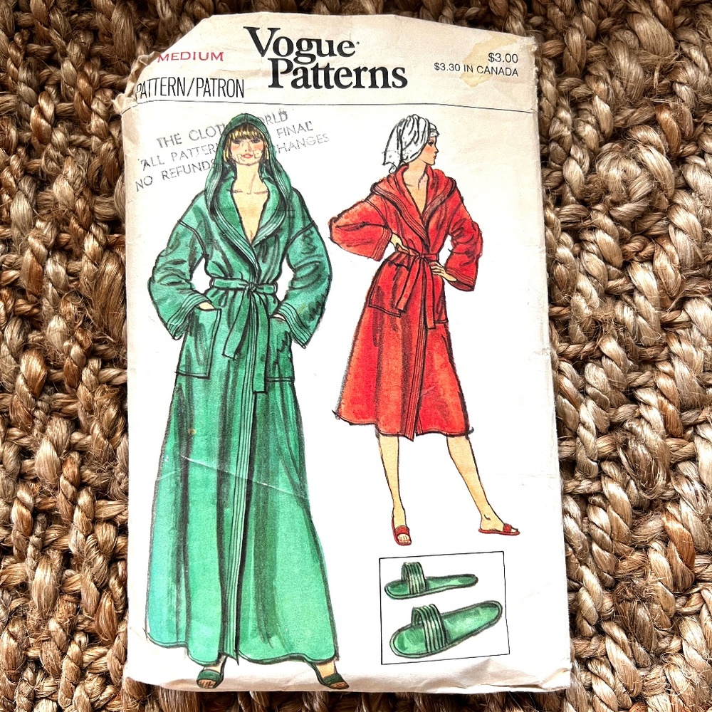 Vogue pattern 9615 Front wrap hooded robe with deep armholes and slippers